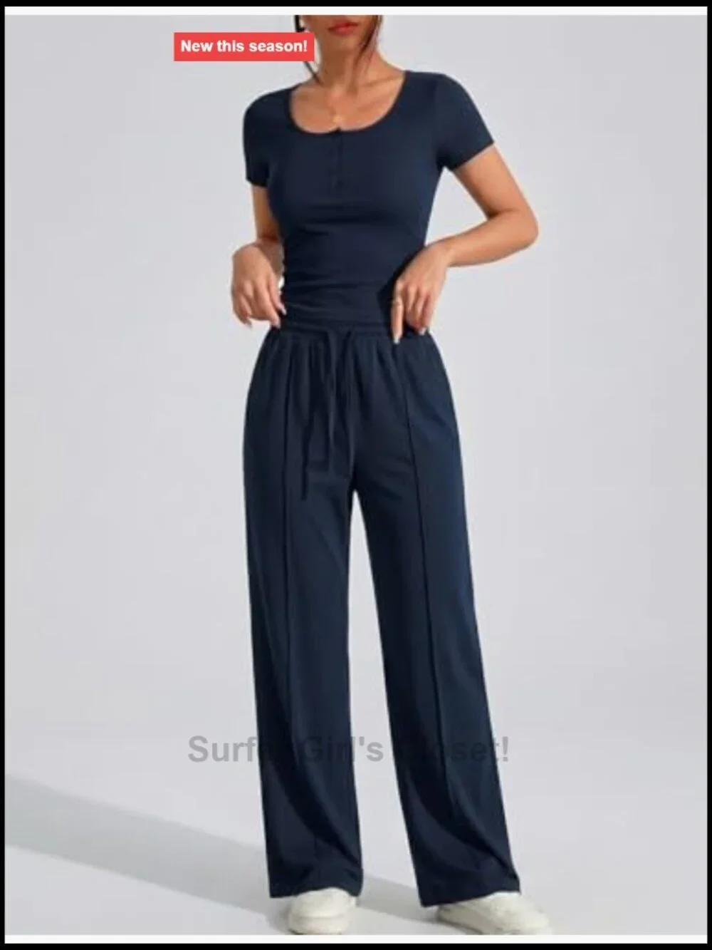 2 Piece Set Square Neck Henley Top and Wide Leg Pants Lounge Outfit with Pockets